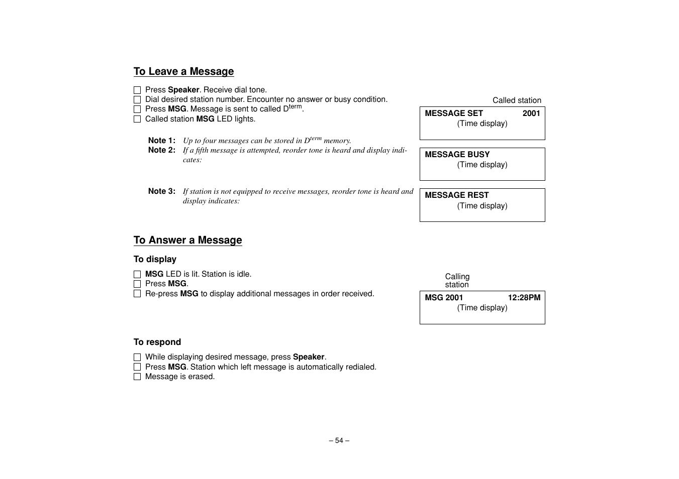 To leave a message, To answer a message, To leave a message to answer a message | NEC UNIVERGE SV7000 User Manual | Page 58 / 74