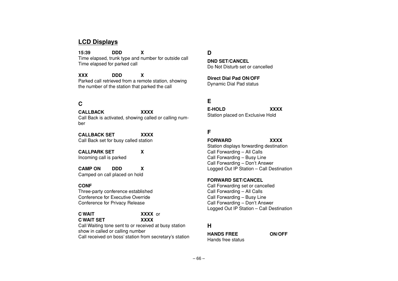 Lcd displays | NEC UNIVERGE SV7000 User Manual | Page 70 / 74