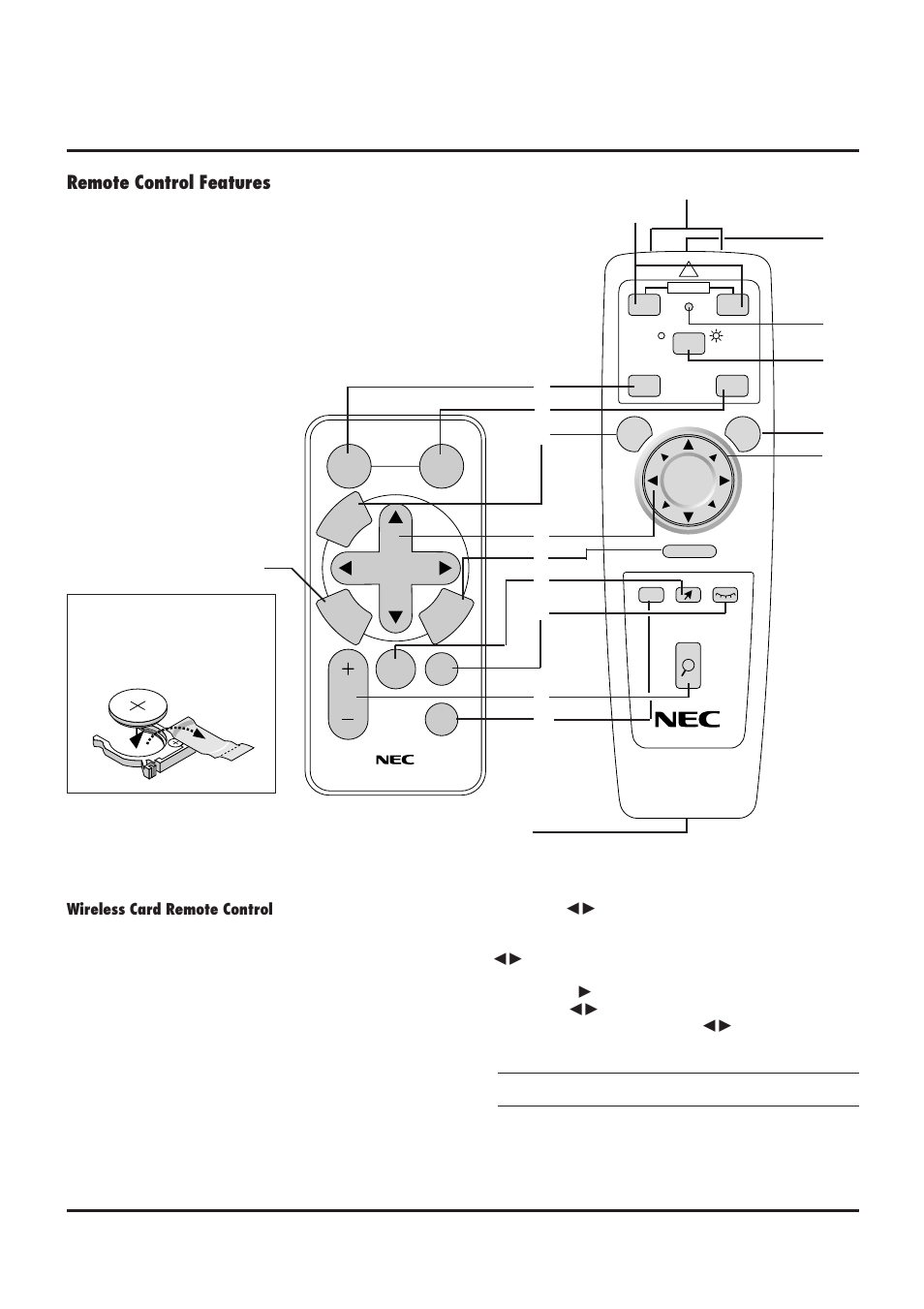 Remote control features, E–10 wireless card remote control | NEC LT84/LT140 User Manual | Page 10 / 44