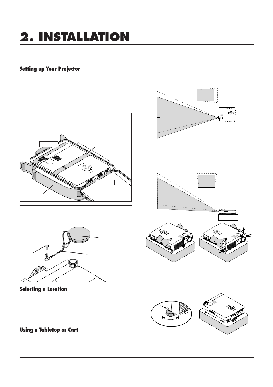 Installation, Setting up your projector, Using a tabletop or cart | Selecting a location | NEC LT84/LT140 User Manual | Page 12 / 44