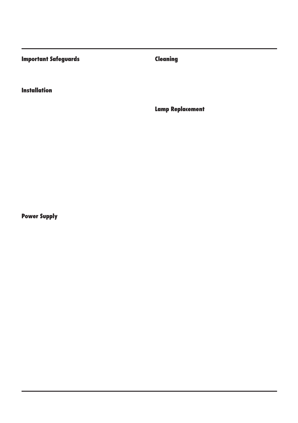 Cleaning, Lamp replacement, Important safeguards | Installation, Power supply | NEC LT84/LT140 User Manual | Page 3 / 44