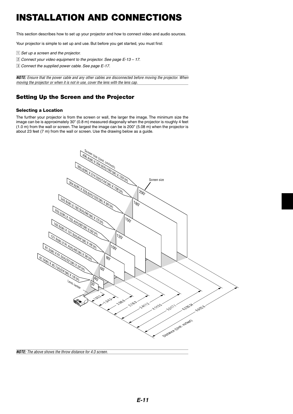 Installation and connections, Setting up the screen and the projector, Selecting a location | E-11 | NEC HT1100 User Manual | Page 11 / 55