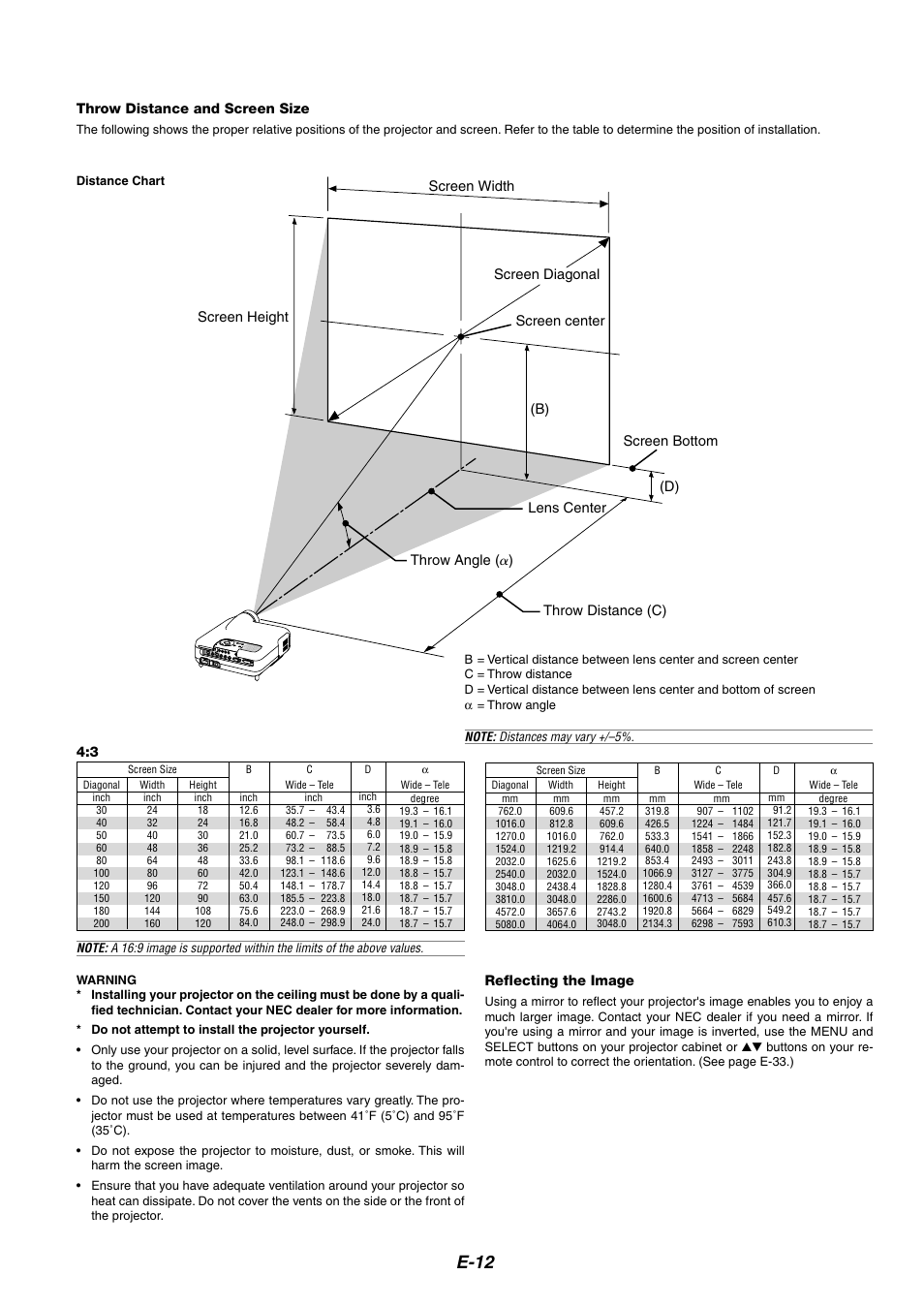 Throw distance and screen size, E-12 | NEC HT1100 User Manual | Page 12 / 55