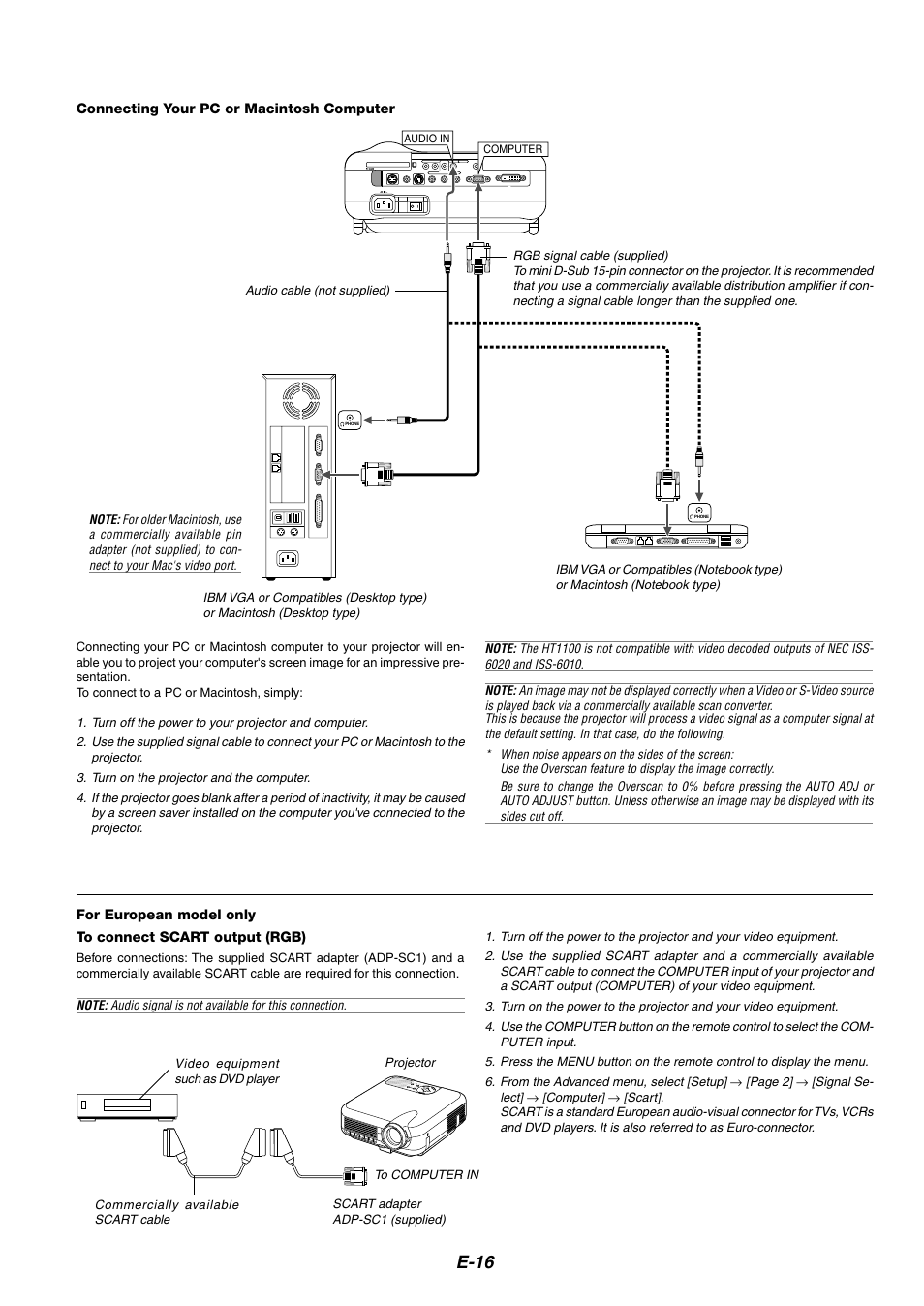 Connecting your pc or macintosh computer, To connect scart output (rgb), E-16 | NEC HT1100 User Manual | Page 16 / 55