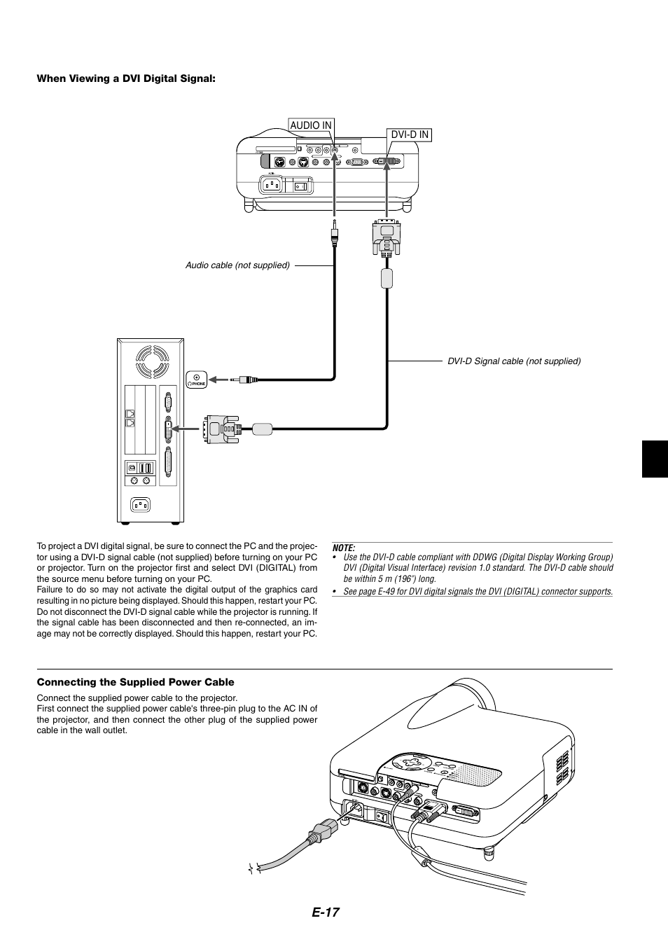 When viewing a dvi digital signal, Connecting the supplied power cable, E-17 | Audio in, Dvi-d in | NEC HT1100 User Manual | Page 17 / 55