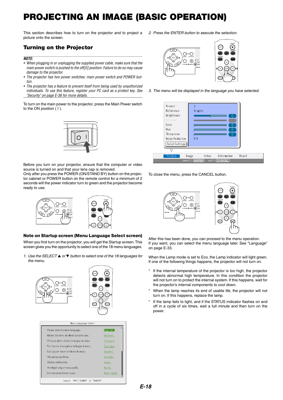 Projecting an image (basic operation), Turning on the projector, E-18 | Use the select, Press the enter button to execute the selection | NEC HT1100 User Manual | Page 18 / 55