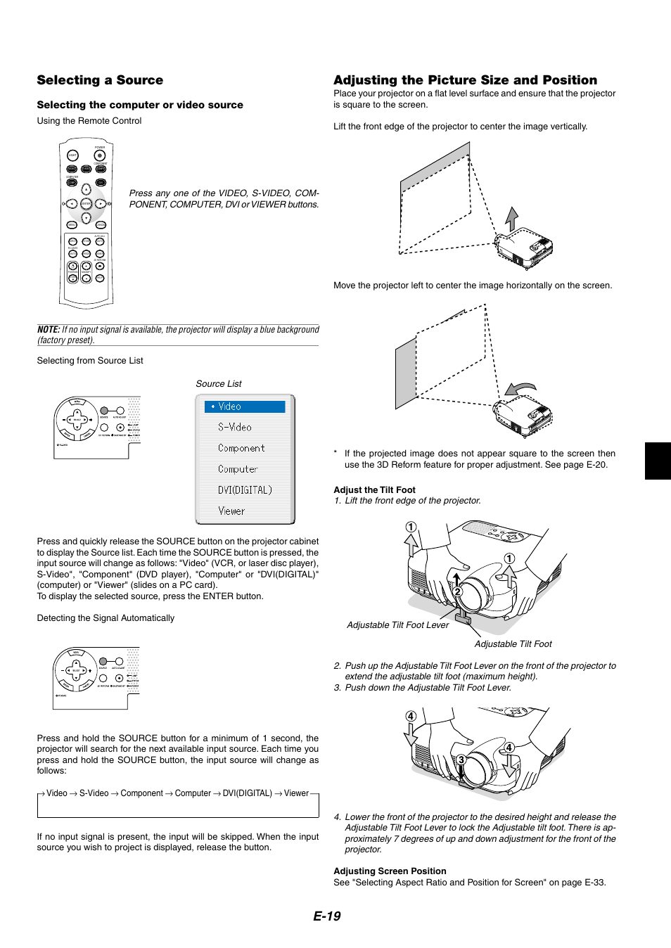 Selecting a source, Adjusting the picture size and position, E-19 | NEC HT1100 User Manual | Page 19 / 55