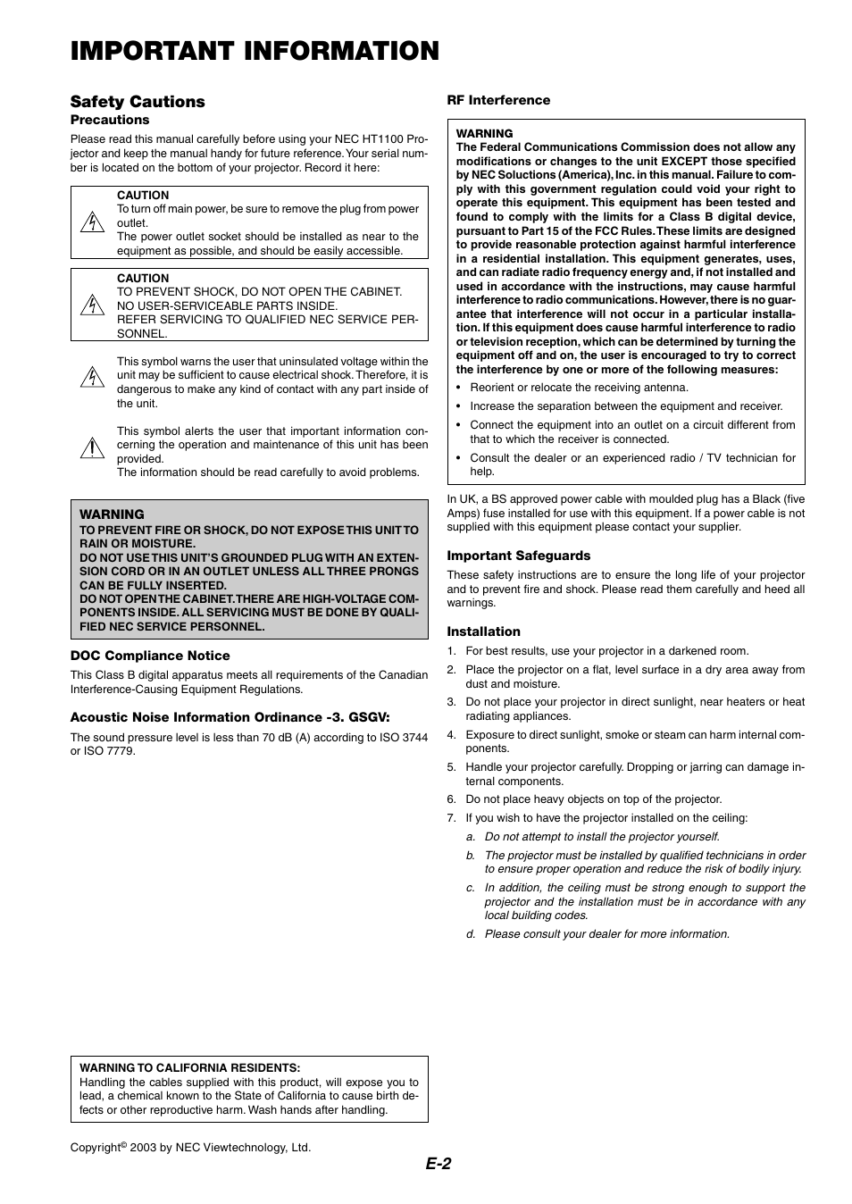 Important information, Safety cautions, E-2 safety cautions | NEC HT1100 User Manual | Page 2 / 55