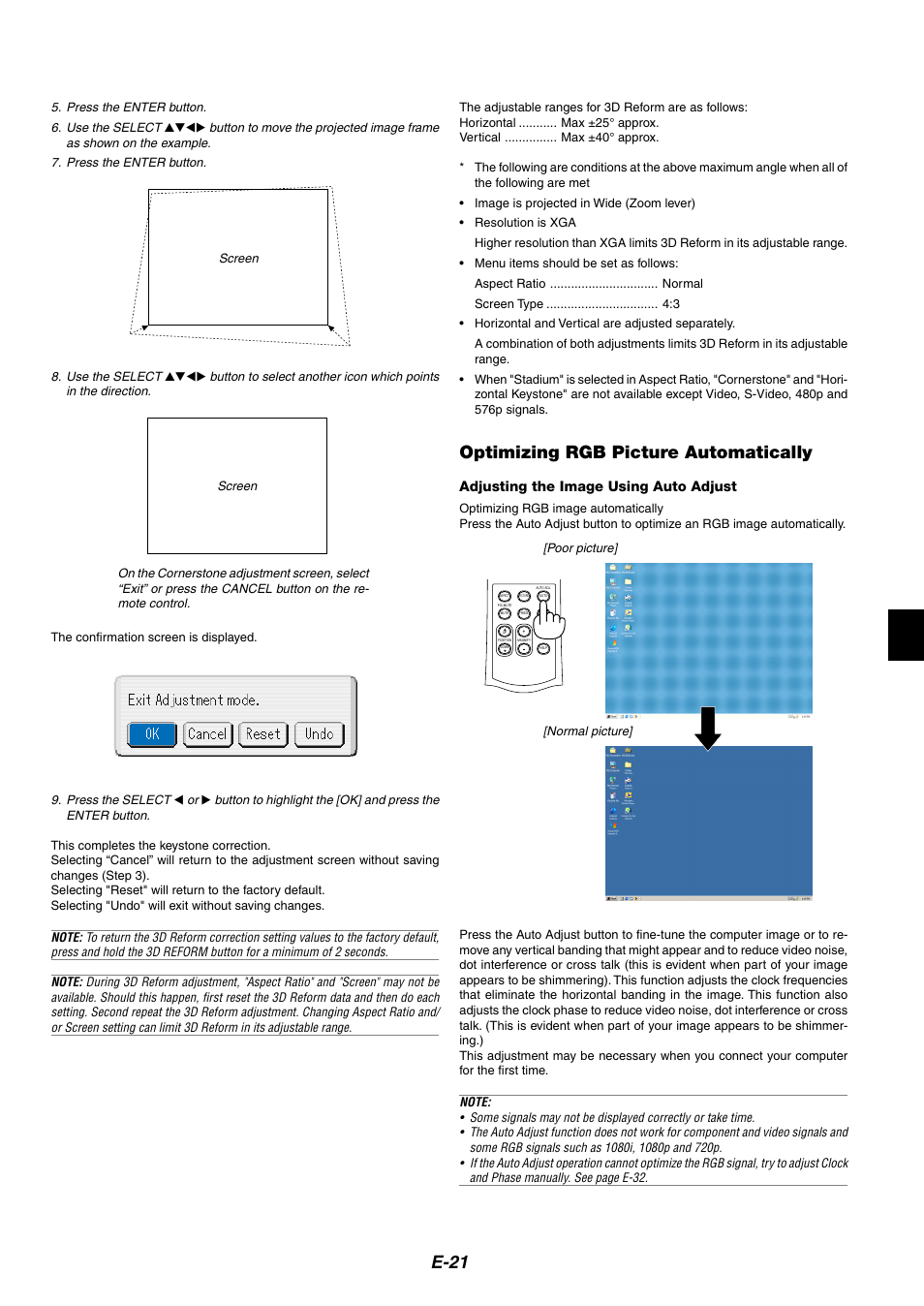 Optimizing rgb picture automatically, E-21, Adjusting the image using auto adjust | NEC HT1100 User Manual | Page 21 / 55