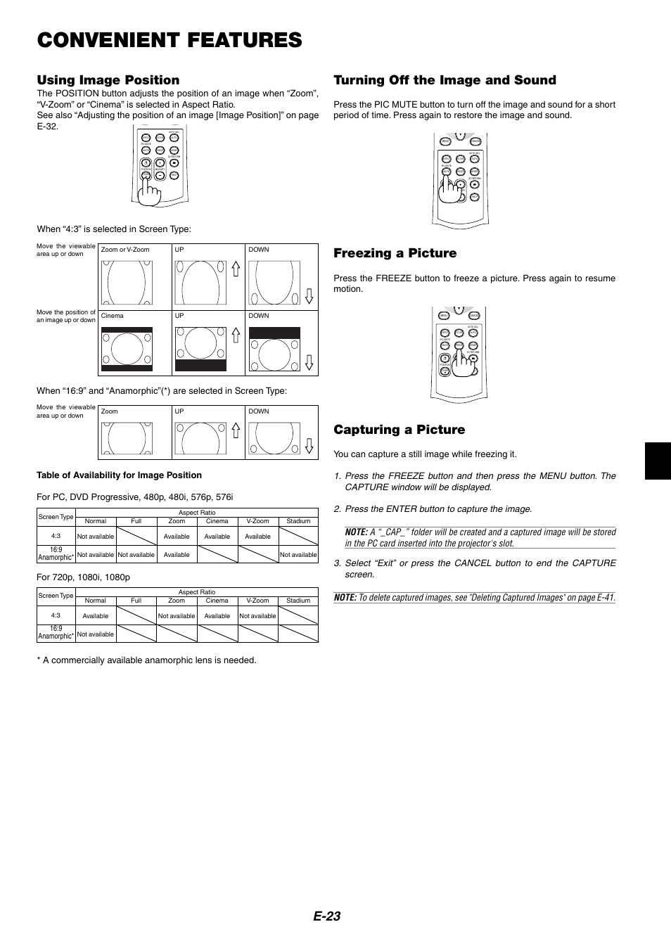 Convenient features, Using image position, Turning off the image and sound | Freezing a picture, Capturing a picture, E-23, A commercially available anamorphic lens is needed, You can capture a still image while freezing it | NEC HT1100 User Manual | Page 23 / 55