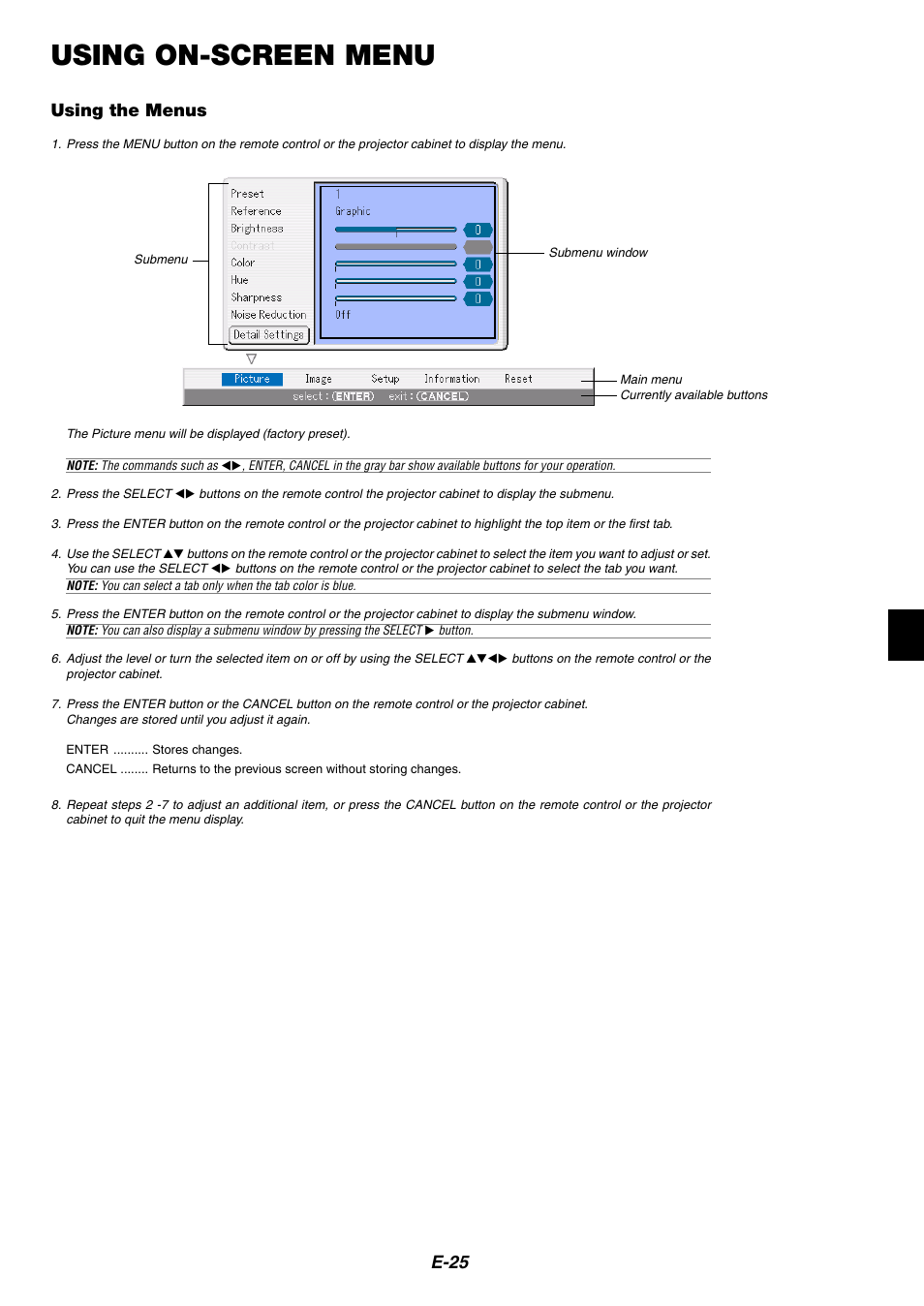 Using on-screen menu, Using the menus, E-25 | NEC HT1100 User Manual | Page 25 / 55