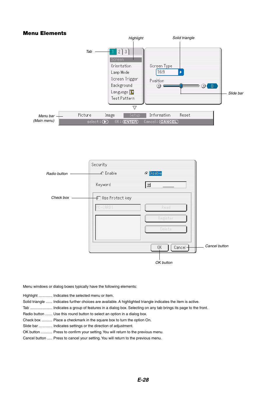 Menu elements, E-28 | NEC HT1100 User Manual | Page 28 / 55