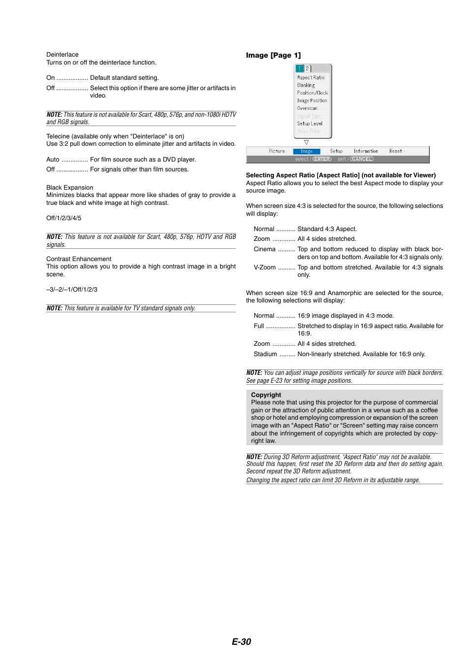 Image, Aspect ratio, E-30 | NEC HT1100 User Manual | Page 30 / 55