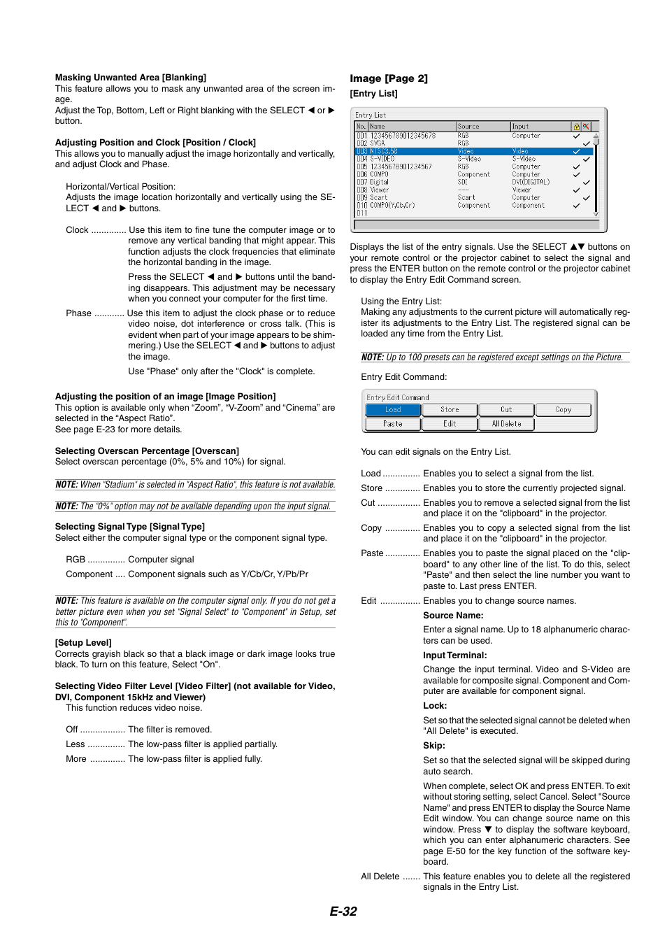 Blanking, Position / clock, Image position | Overscan, Signal type, Setup level, Video filter, Entry list, E-32 | NEC HT1100 User Manual | Page 32 / 55
