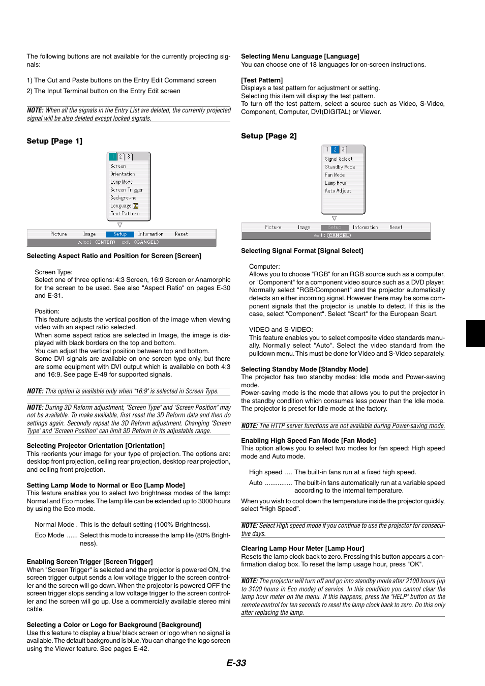 Setup, Screen, Orientation | Lamp mode, Screen trigger, Background, Language, Test pattern, Signal select, Standby mode | NEC HT1100 User Manual | Page 33 / 55
