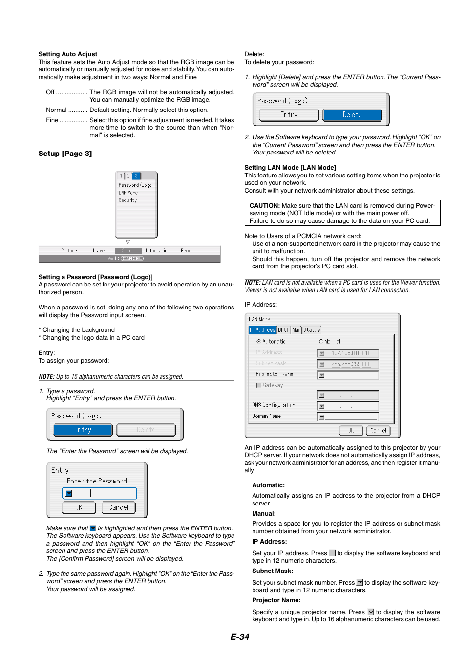 Auto adjust, Password (logo), Lan mode | E-34 | NEC HT1100 User Manual | Page 34 / 55