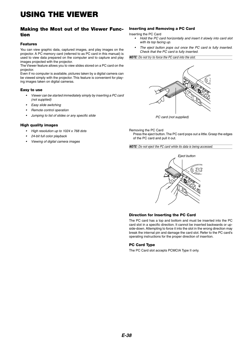 Using the viewer, Making the most out of the viewer function, E-38 | Making the most out of the viewer func- tion, Direction for inserting the pc card, Pc card type, Inserting and removing a pc card, Features, Easy to use, High quality images | NEC HT1100 User Manual | Page 38 / 55