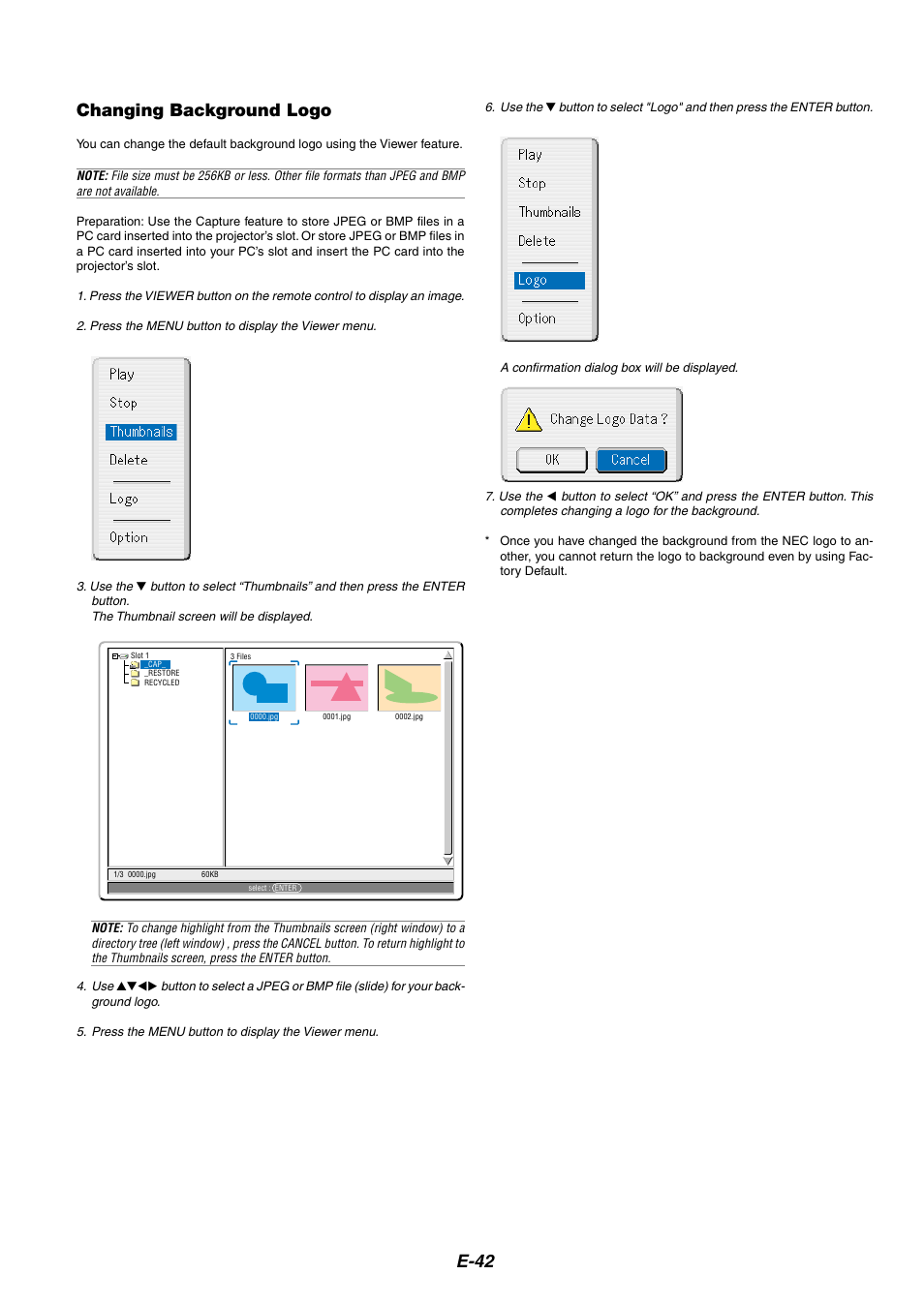 Changing background logo, E-42 changing background logo | NEC HT1100 User Manual | Page 42 / 55