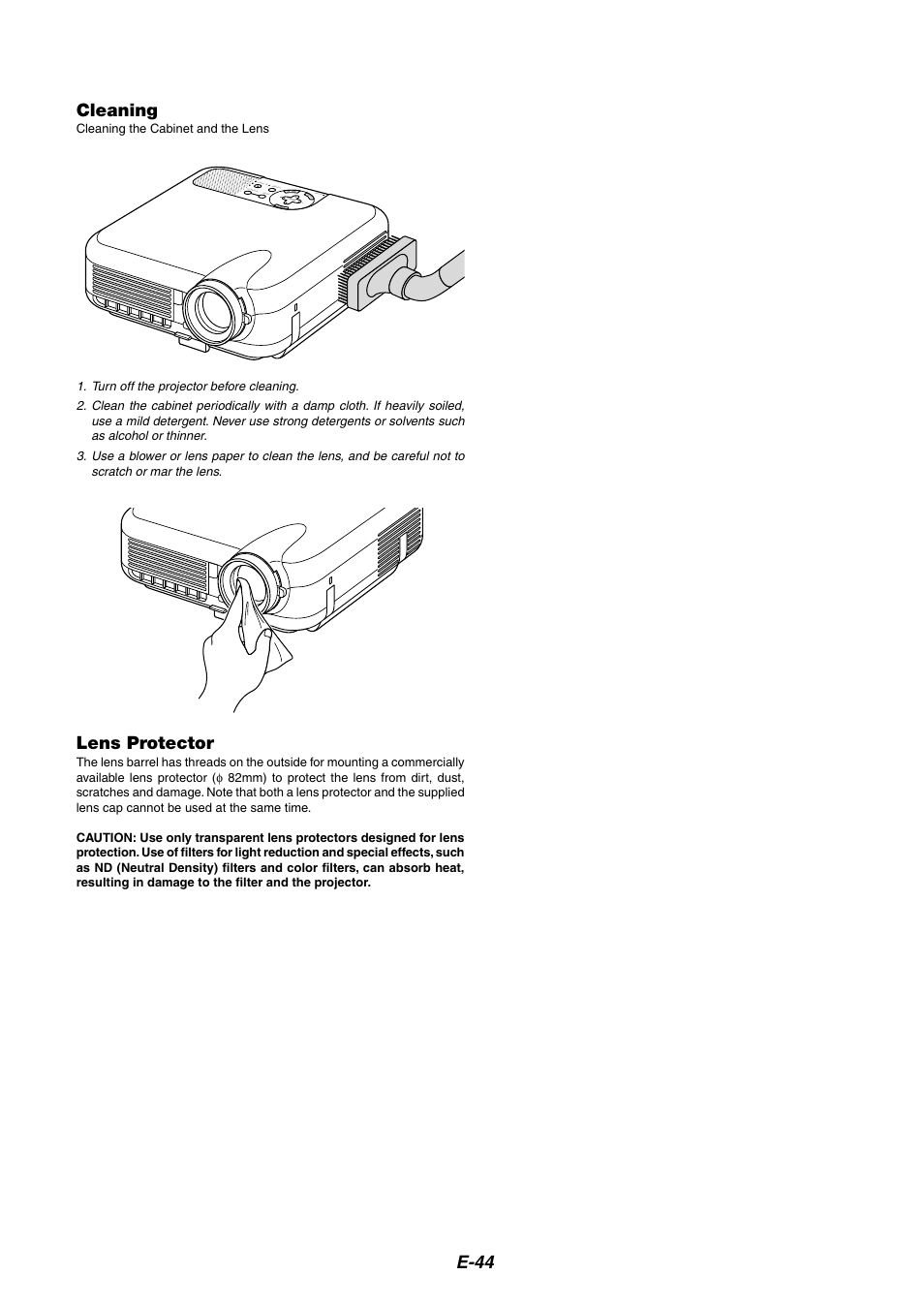 Cleaning, Lens protector, E-44 | NEC HT1100 User Manual | Page 44 / 55