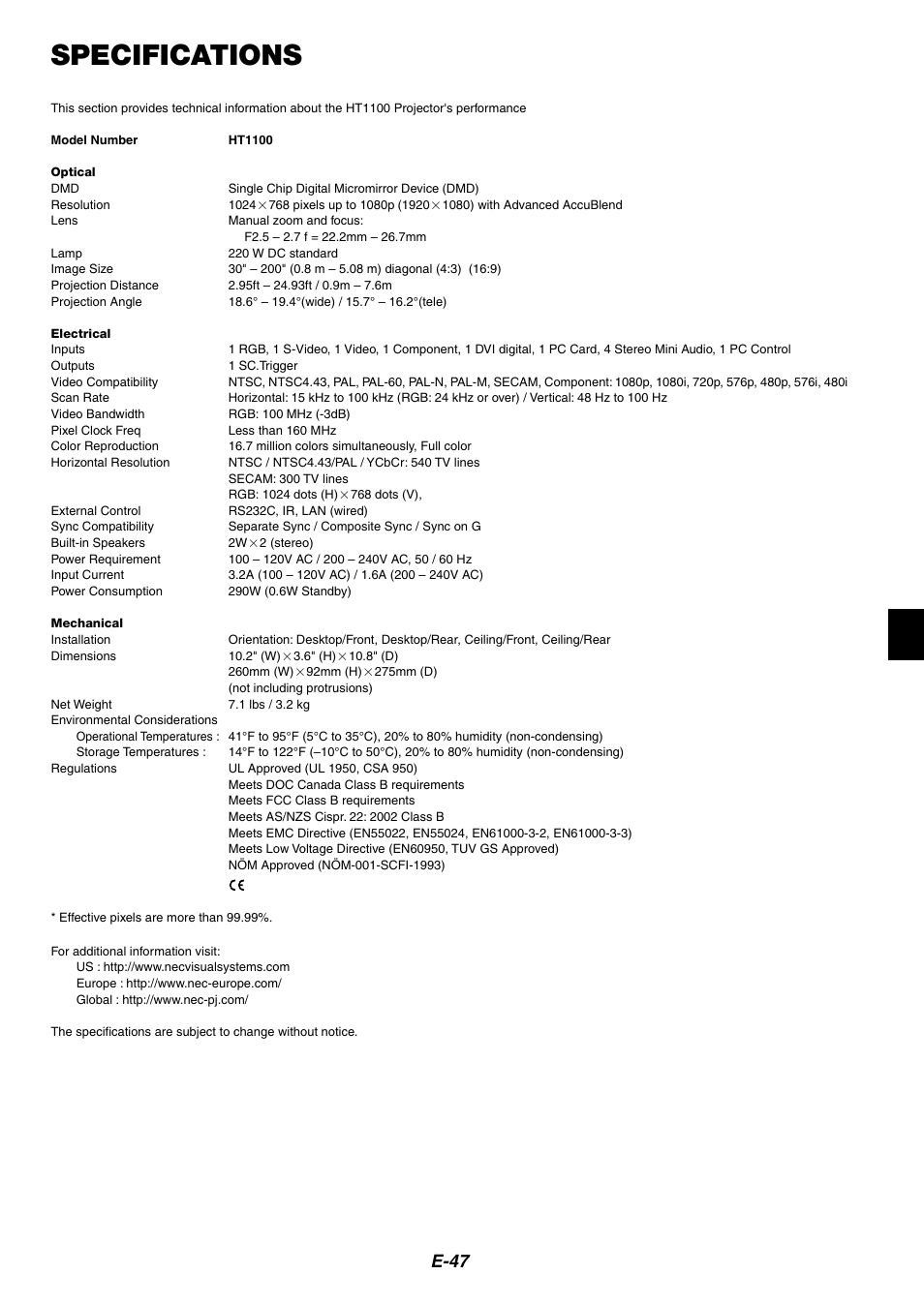 Specifications, E-47 | NEC HT1100 User Manual | Page 47 / 55