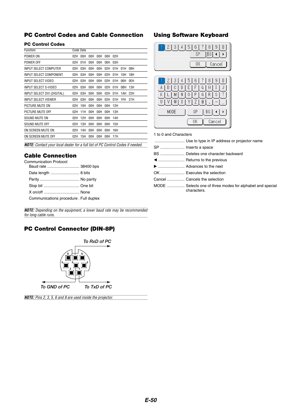 Pc control codes and cable connection, Cable connection, Pc control connector (din-8p) | Using software keyboard, E-50 cable connection | NEC HT1100 User Manual | Page 50 / 55