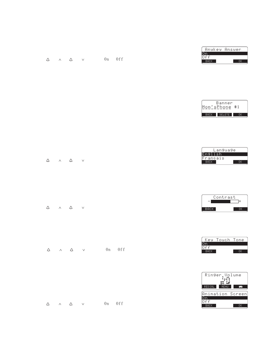 Setting the anykey answer, Setting the true banner, Selecting a language | Adjusting the lcd contrast, Setting the key touch tone, Setting the animation screen | NEC DTR-IR-2 User Manual | Page 16 / 44