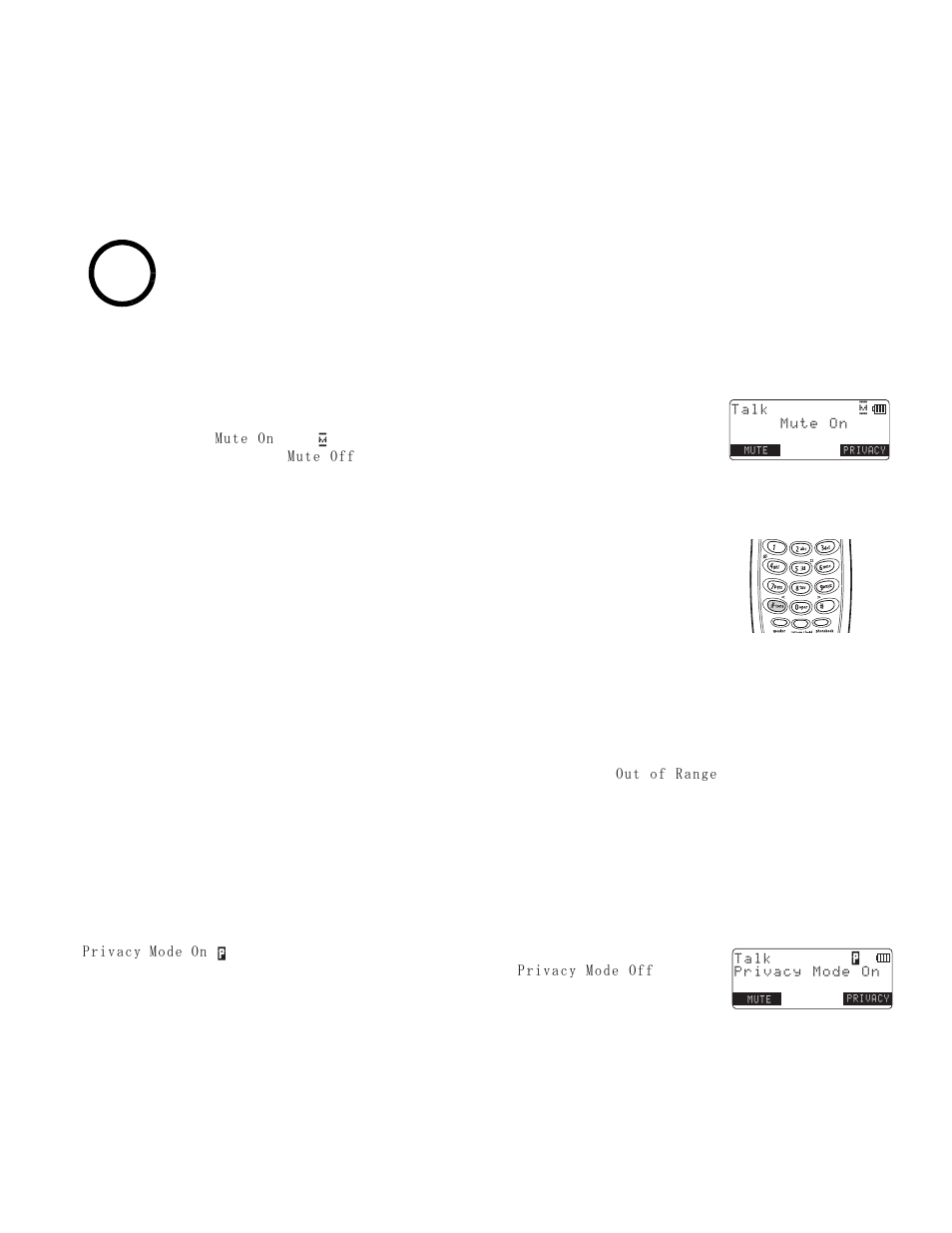 Temporarily muting the ringer, Mute microphone, Tone dialing switch-over | Traveling out of range, Privacy mode, Emporarily, Uting, Inger, Icrophone, Ialing | NEC DTR-IR-2 User Manual | Page 21 / 44