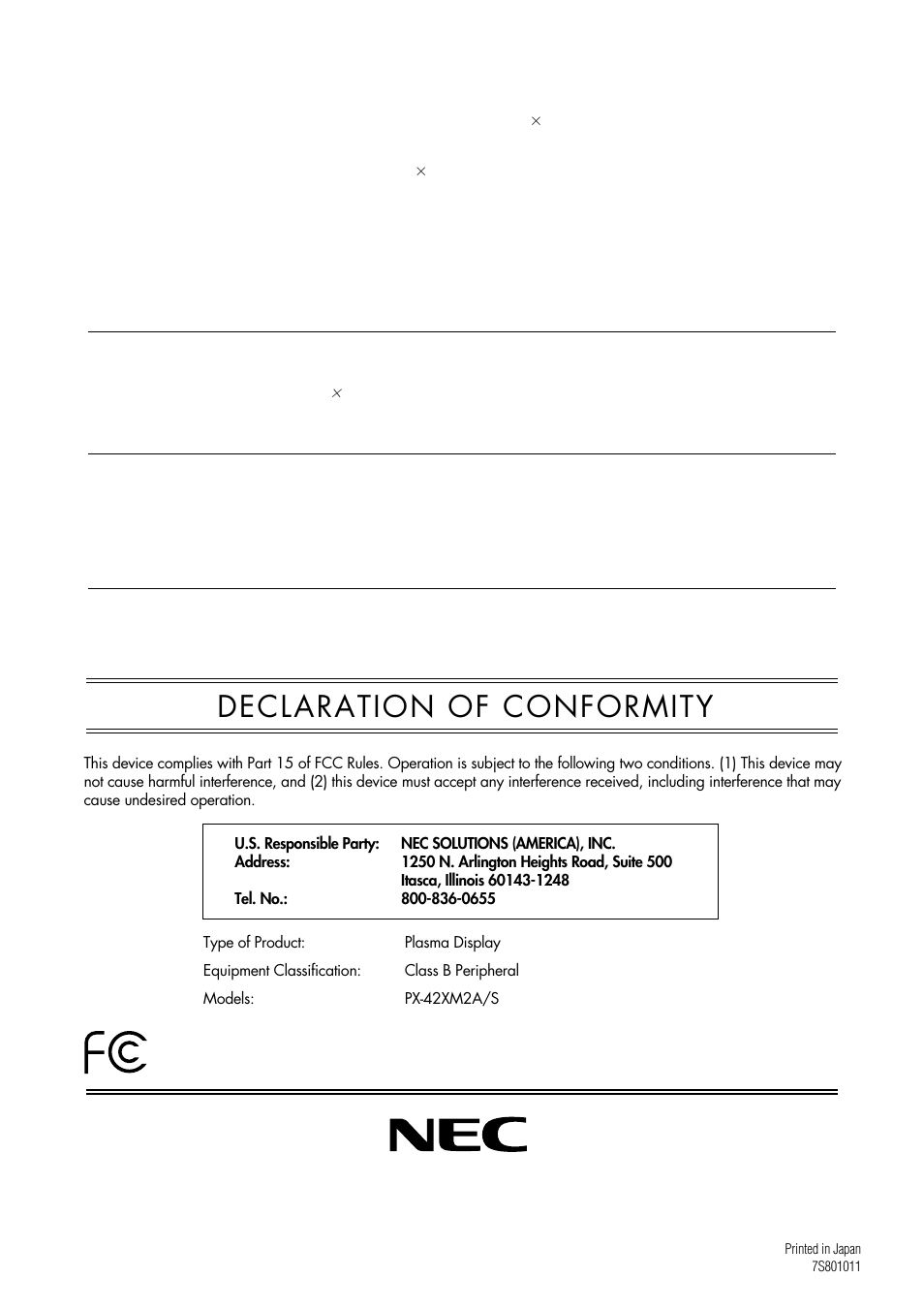 Declaration of conformity | NEC PlasmaSync PX-42XM2A User Manual | Page 8 / 8