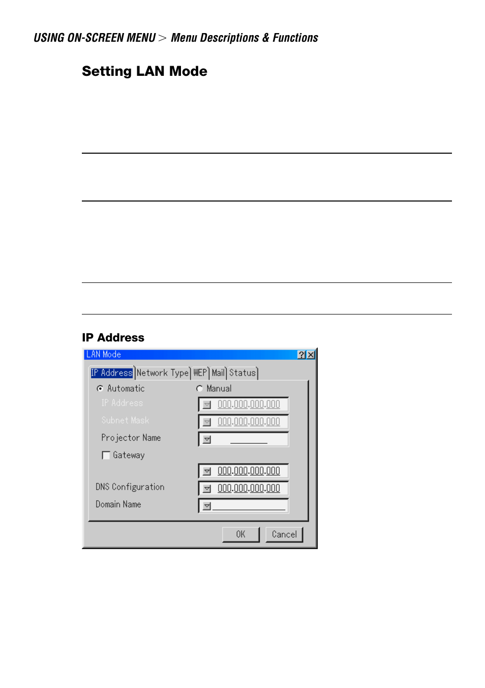Setting lan mode, Ip address | NEC LT240 User Manual | Page 102 / 151