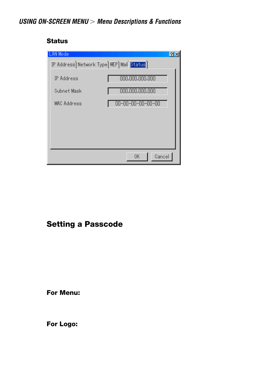 Status, Setting a passcode | NEC LT240 User Manual | Page 109 / 151