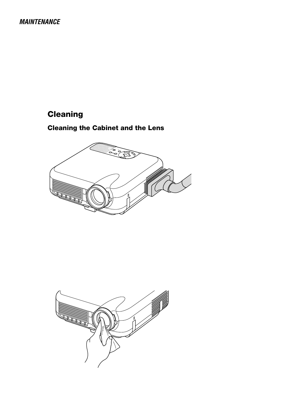 Cleaning, Maintenance, E-121 | Cleaning the cabinet and the lens, Cn a c el | NEC LT240 User Manual | Page 121 / 151