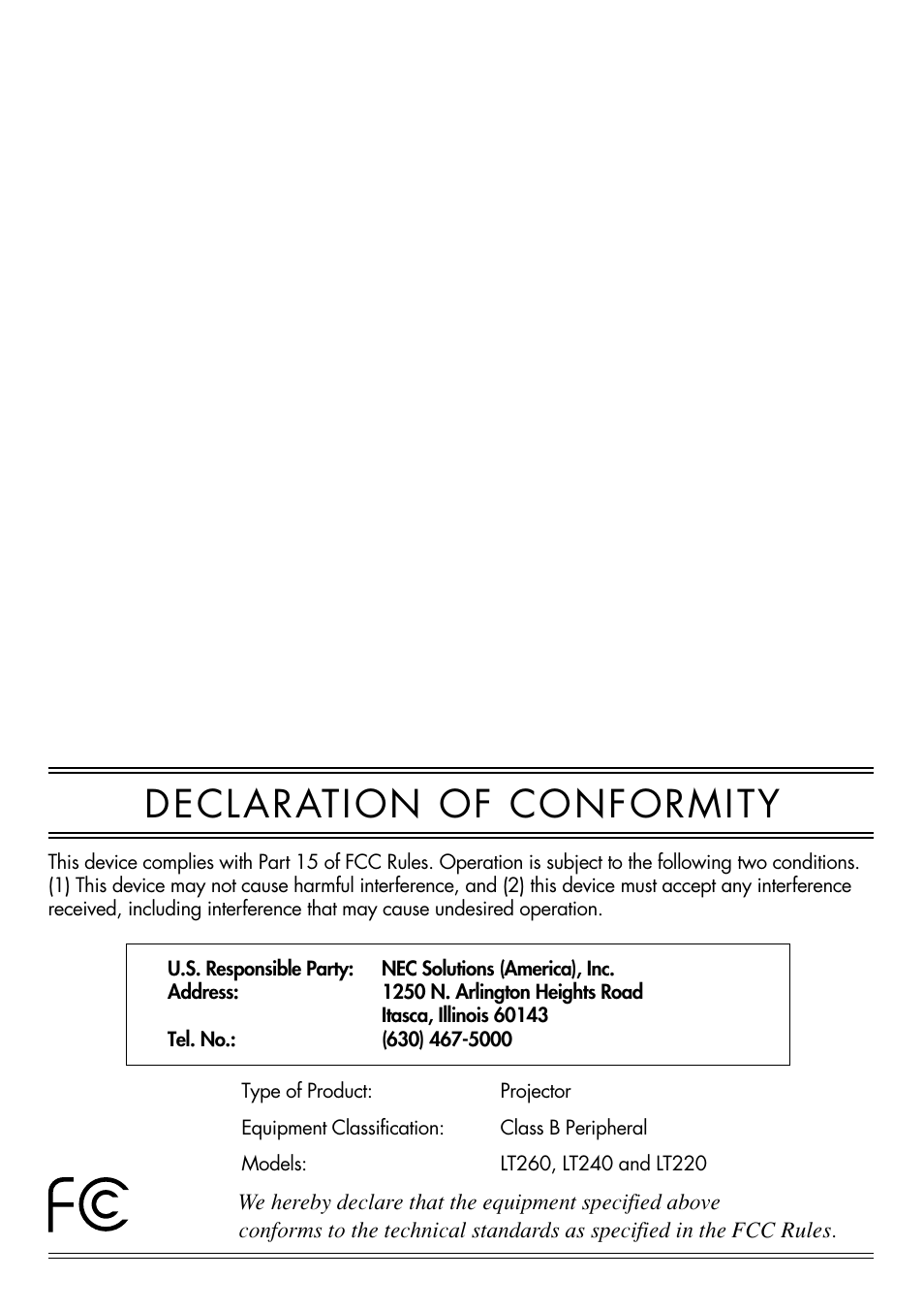 Declaration of conformity | NEC LT240 User Manual | Page 151 / 151