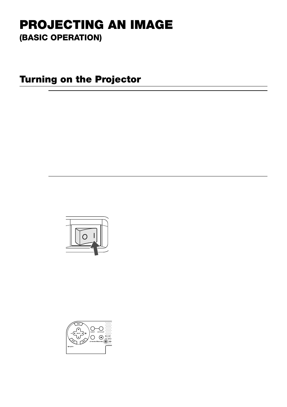 Projecting an image, Turning on the projector, Basic operation) | NEC LT240 User Manual | Page 37 / 151