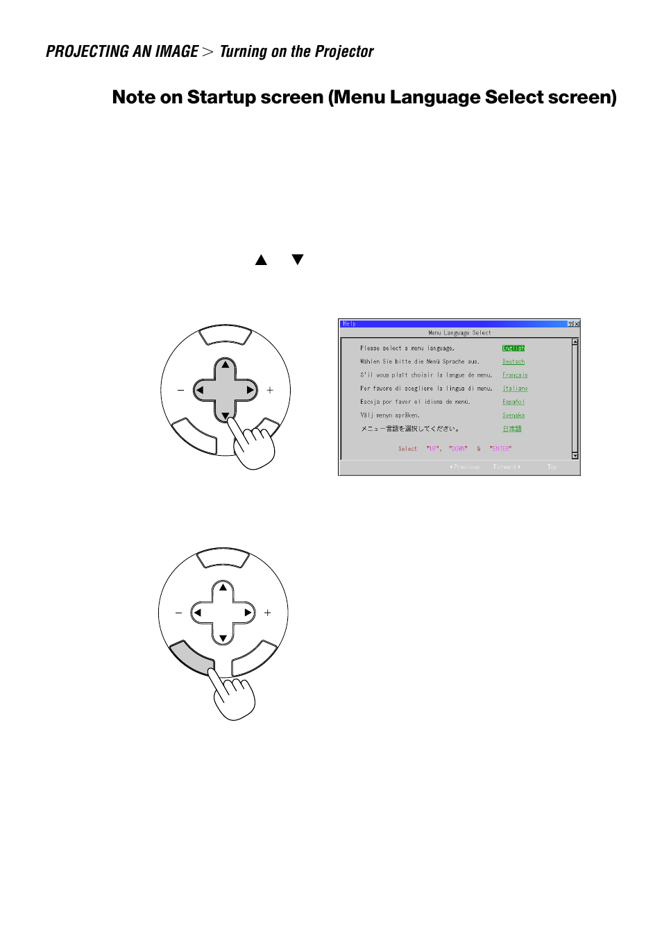 Projecting an image, Turning on the projector, E-38 | Press the enter button to execute the selection | NEC LT240 User Manual | Page 38 / 151