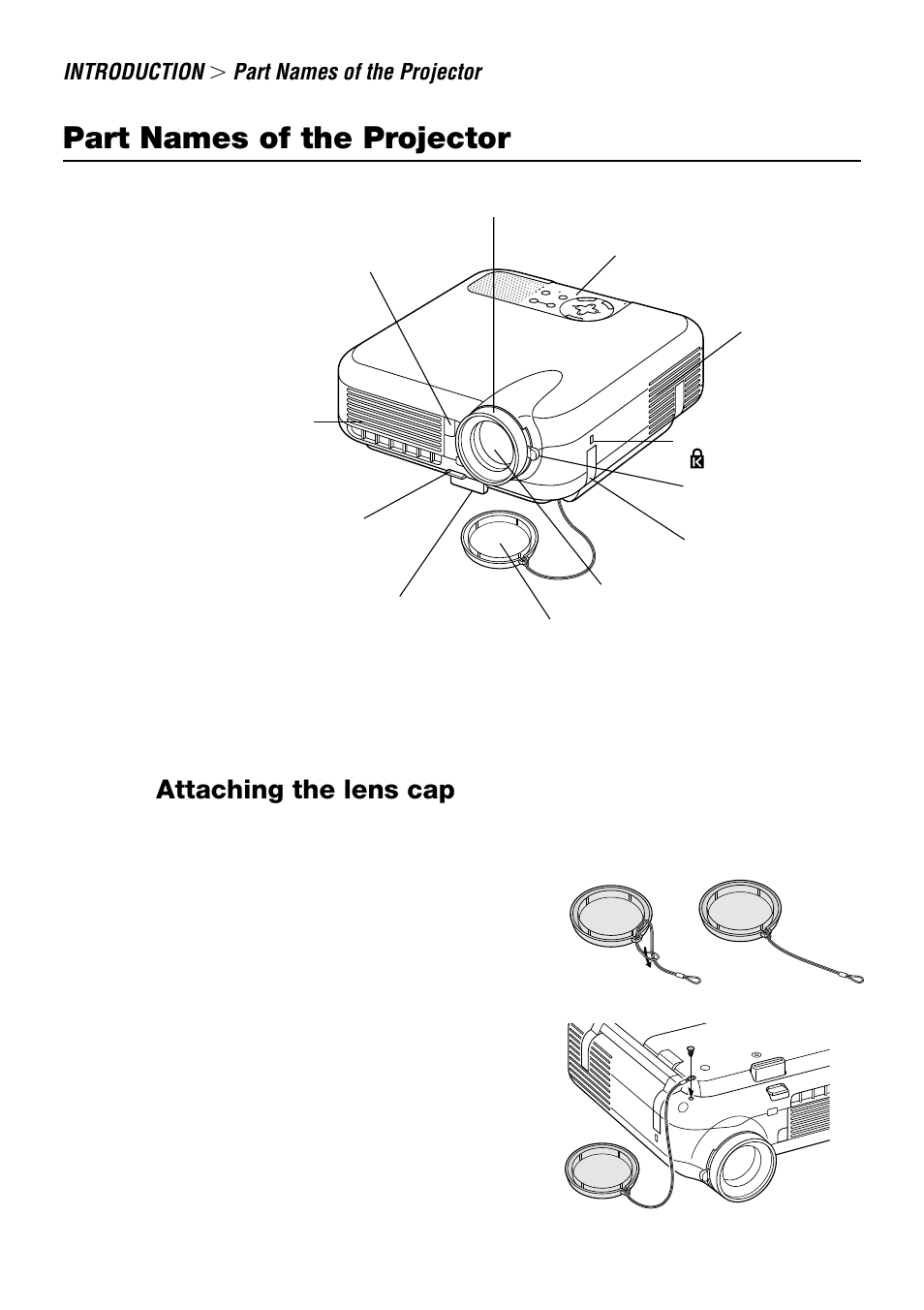 Part names of the projector, Attaching the lens cap, Introduction | This security slot suppor ts the microsaver, Security system. microsaver, Ventilation (outlet), Remote sensor, Focus ring, Controls, Ventilation (inlet) zoom lever | NEC LT240 User Manual | Page 6 / 151