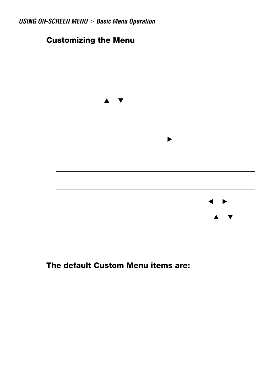 Customizing the menu, The default custom menu items are | NEC LT240 User Manual | Page 74 / 151