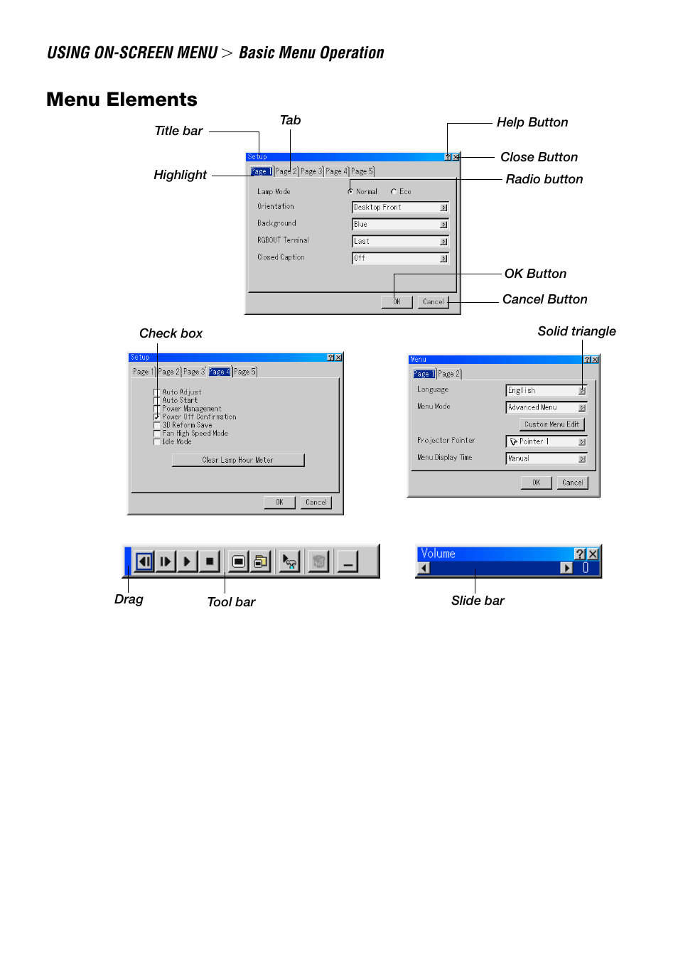 Menu elements | NEC LT240 User Manual | Page 79 / 151