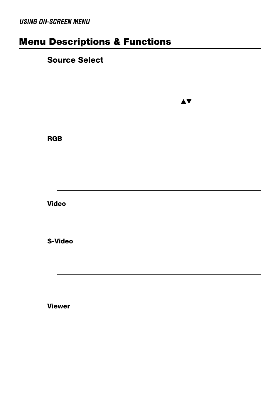 Menu descriptions & functions, Source select, Video | S-video, Viewer | NEC LT240 User Manual | Page 81 / 151