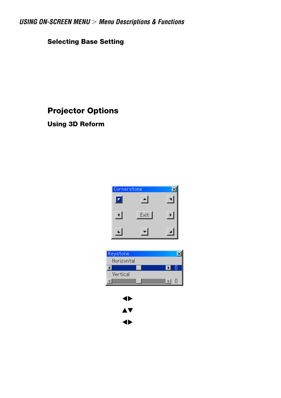 Selecting base setting, Projector options, Using 3d reform | NEC LT240 User Manual | Page 92 / 151