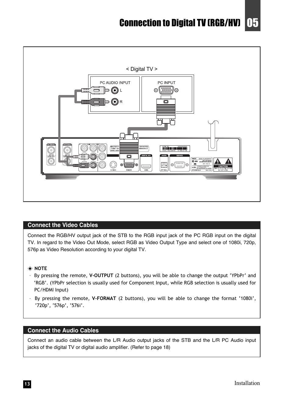 Connection to digital tv (rgb/hv) | NEC NHD-3000PVR User Manual | Page 15 / 63