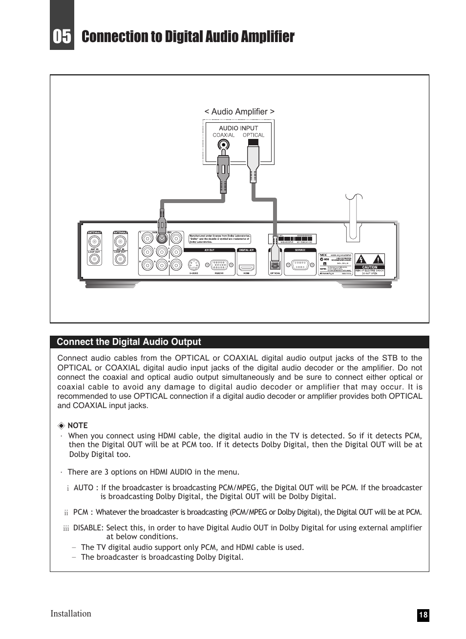 Connection to digital audio amplifier | NEC NHD-3000PVR User Manual | Page 20 / 63