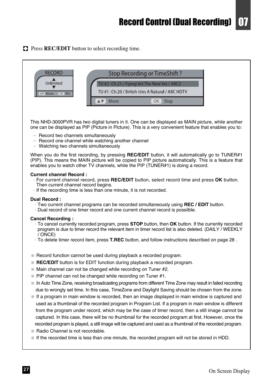 Record control (dual recording) | NEC NHD-3000PVR User Manual | Page 29 / 63