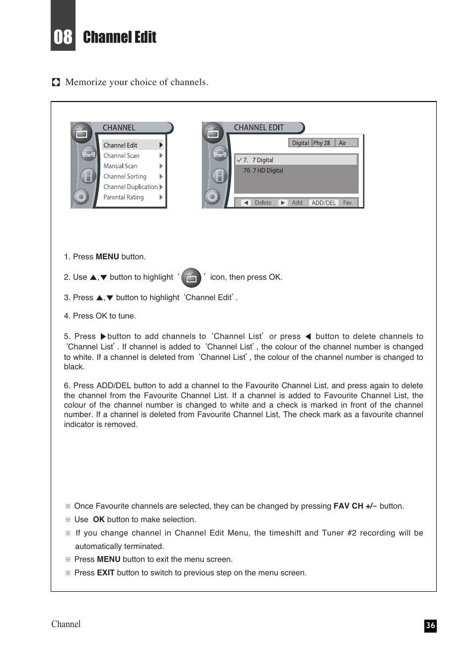 Channel edit | NEC NHD-3000PVR User Manual | Page 38 / 63