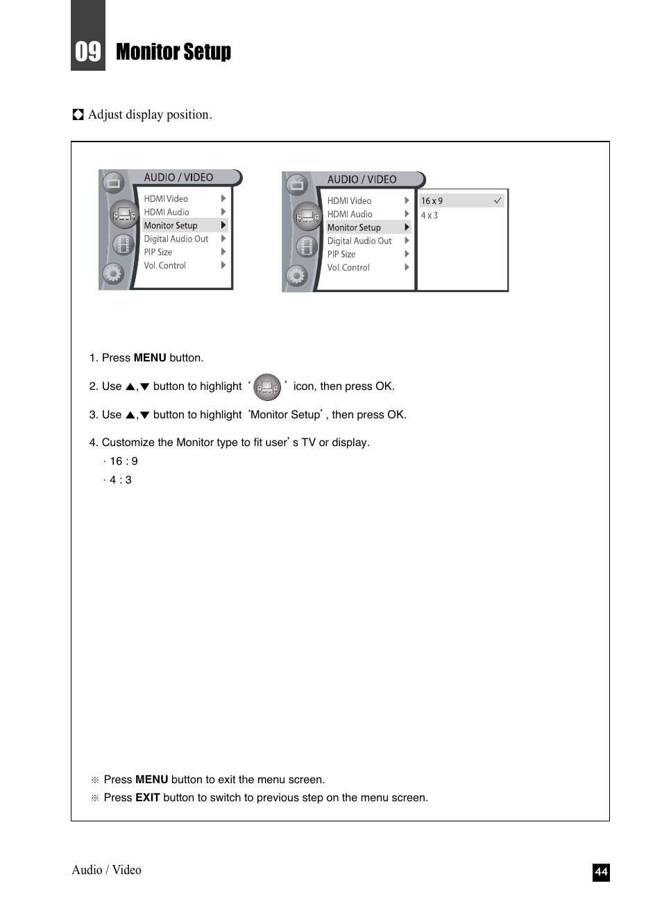 Monitor setup | NEC NHD-3000PVR User Manual | Page 46 / 63