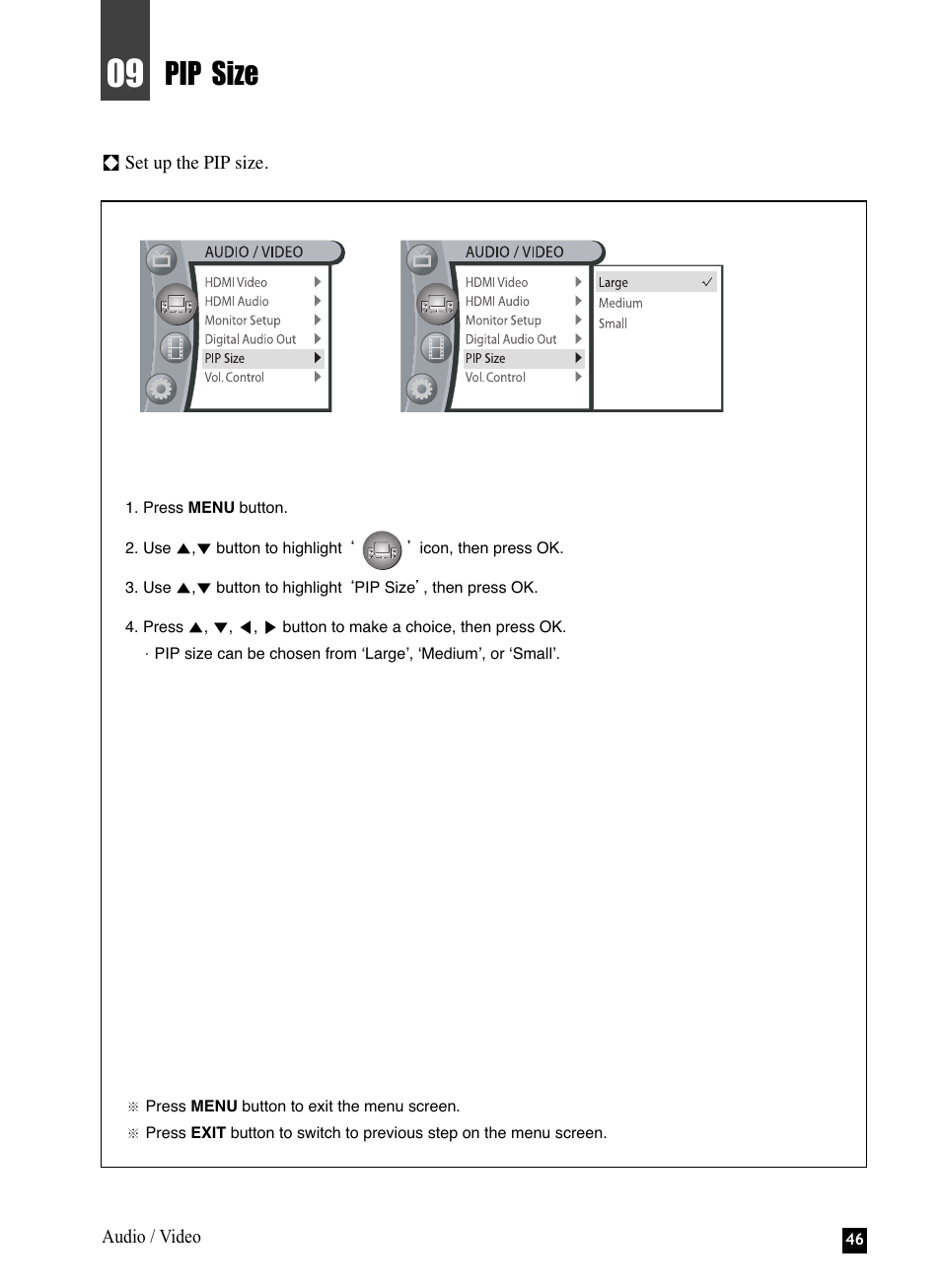 Pip size | NEC NHD-3000PVR User Manual | Page 48 / 63