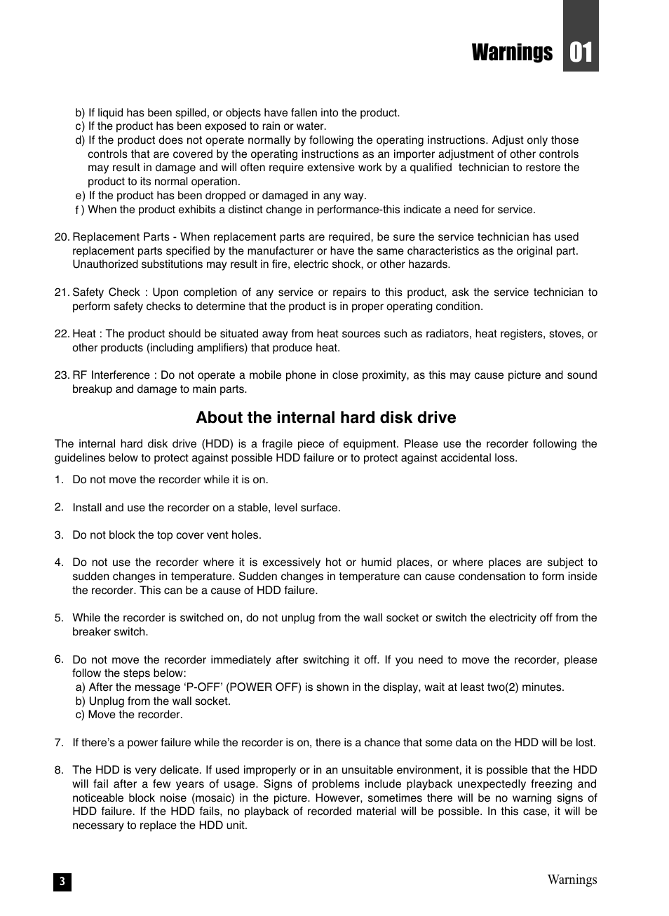 Warnings, About the internal hard disk drive | NEC NHD-3000PVR User Manual | Page 5 / 63