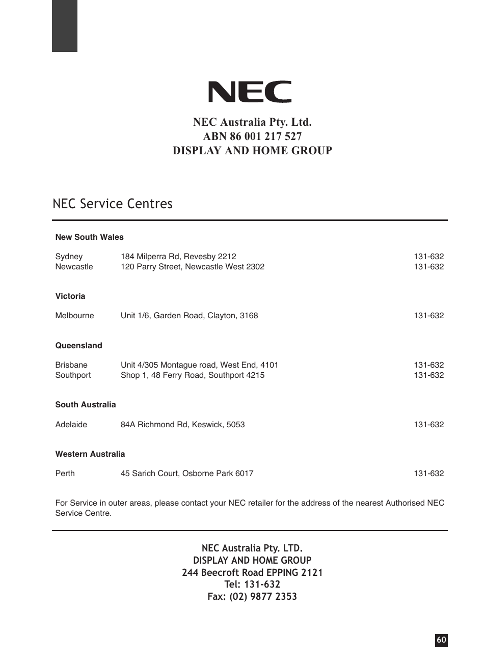 Nec service centres | NEC NHD-3000PVR User Manual | Page 62 / 63