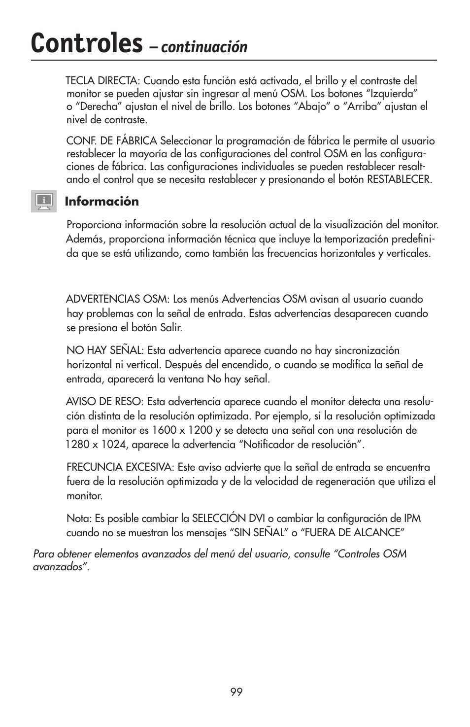 Controles, Continuación | NEC LCD2190UXi User Manual | Page 101 / 131