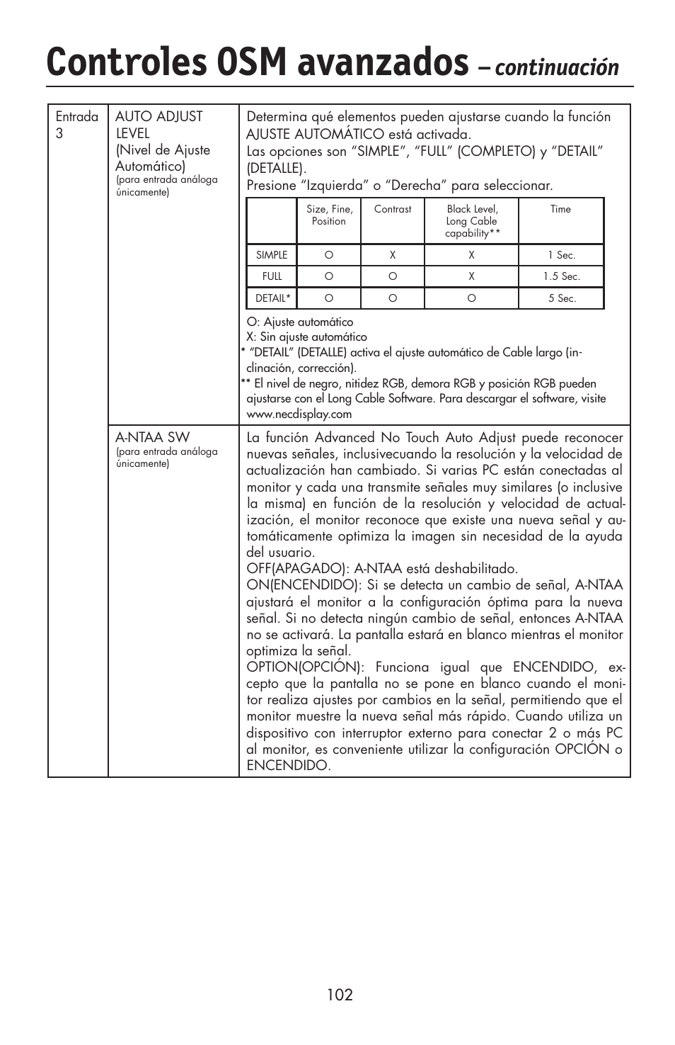 Controles osm avanzados, Continuación | NEC LCD2190UXi User Manual | Page 104 / 131