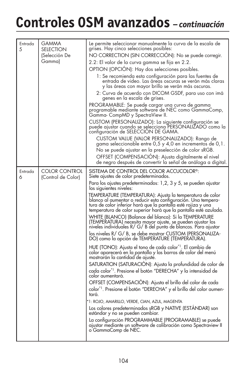 Controles osm avanzados, Continuación | NEC LCD2190UXi User Manual | Page 106 / 131